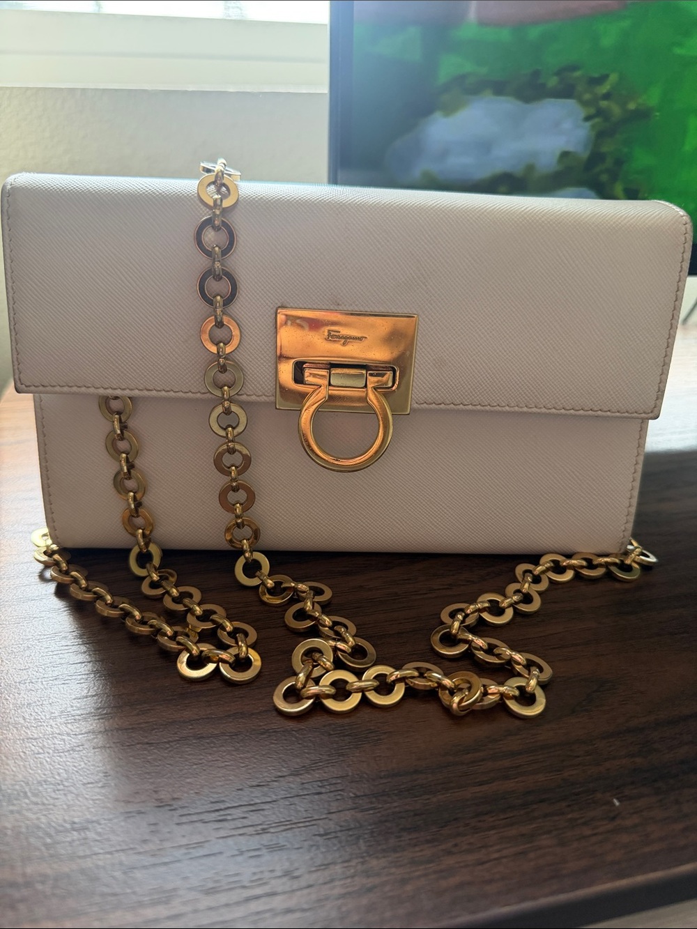 Salvatore Ferragamo Pale Pink Leather Chain Shoulder Bag with Gold Hardware